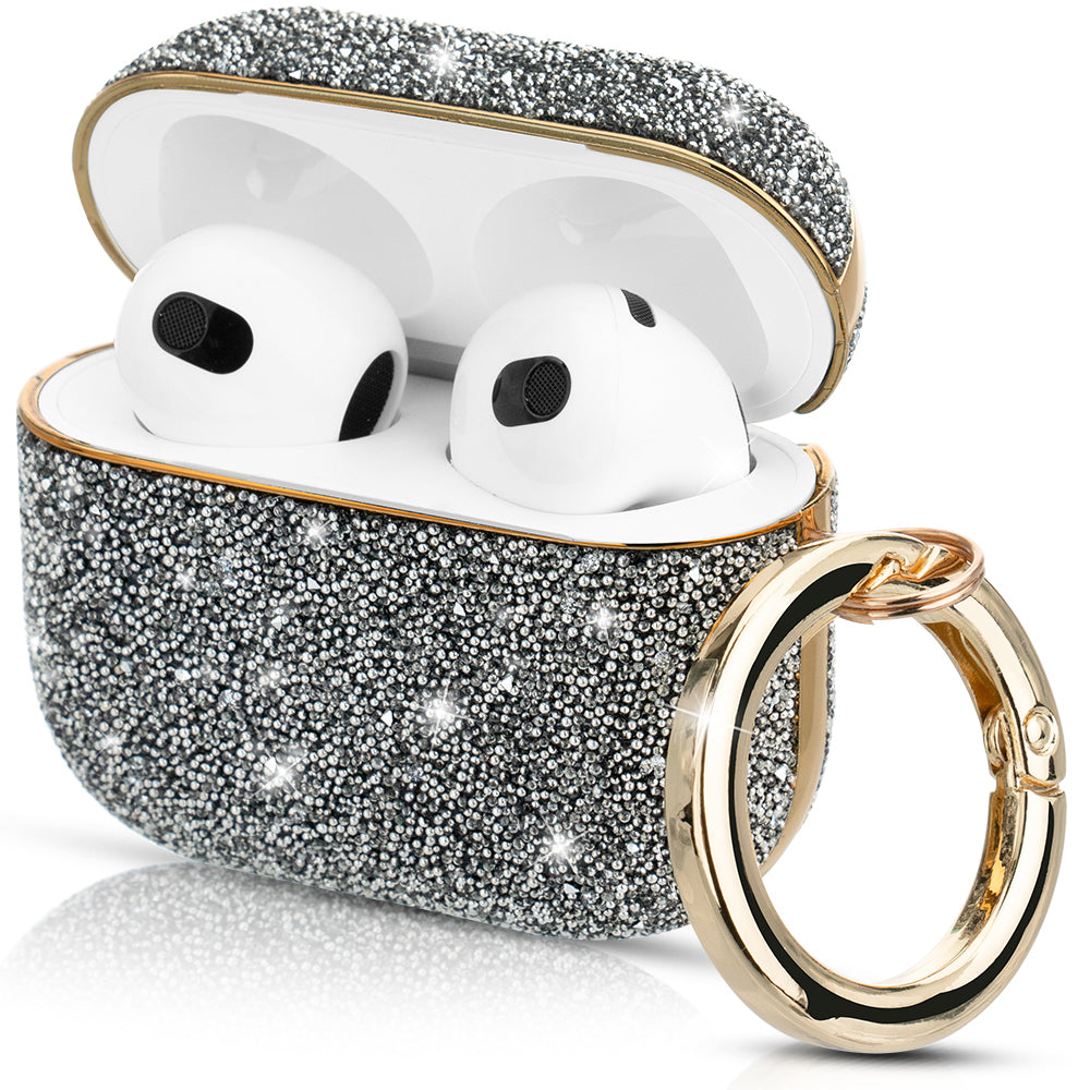 KINGXBAR Shiny Rhinestone Surface Anti-fall Electroplating PC Protective Case Bluetooth Earphone Cover with Keyring for Apple AirPods 3 - Silver