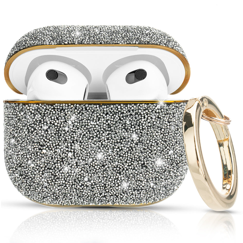 KINGXBAR Shiny Rhinestone Surface Anti-fall Electroplating PC Protective Case Bluetooth Earphone Cover with Keyring for Apple AirPods 3 - Silver