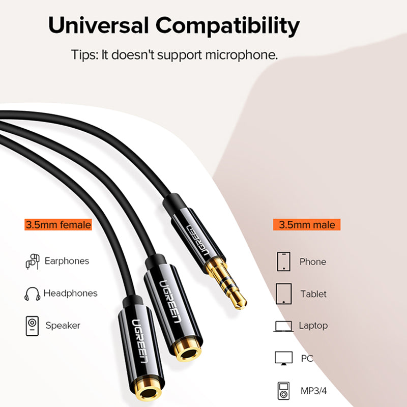 Uniqkart 20816 20cm 3.5mm Male to Dual 3.5mm Female Adapter AUX Cable Gold-Plated Connectors Braided Copper Wire for PCs/Laptops/Smartphones - Black