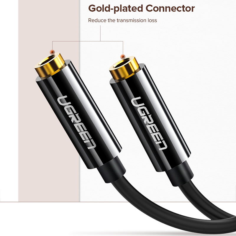 Uniqkart 20816 20cm 3.5mm Male to Dual 3.5mm Female Adapter AUX Cable Gold-Plated Connectors Braided Copper Wire for PCs/Laptops/Smartphones - Black