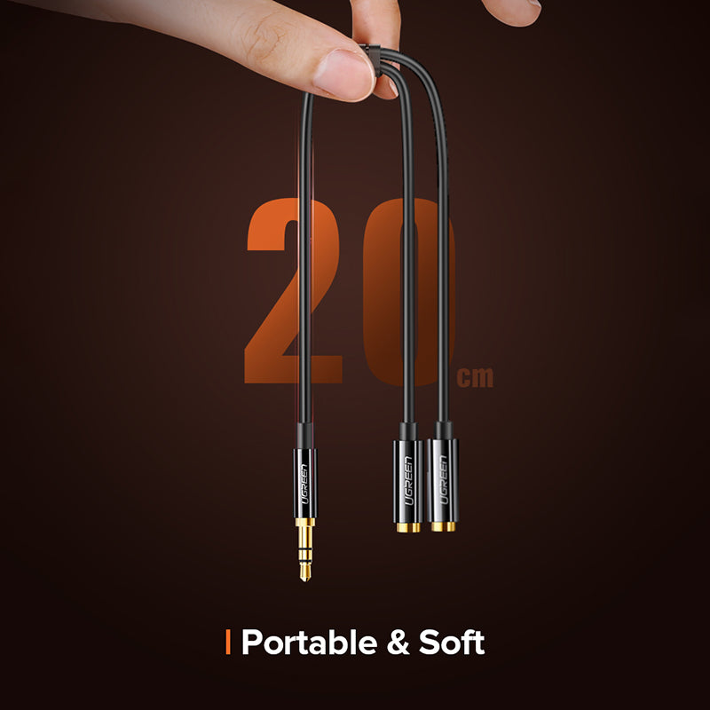 Uniqkart 20816 20cm 3.5mm Male to Dual 3.5mm Female Adapter AUX Cable Gold-Plated Connectors Braided Copper Wire for PCs/Laptops/Smartphones - Black