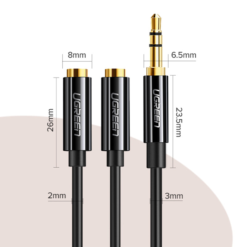 Uniqkart 20816 20cm 3.5mm Male to Dual 3.5mm Female Adapter AUX Cable Gold-Plated Connectors Braided Copper Wire for PCs/Laptops/Smartphones - Black