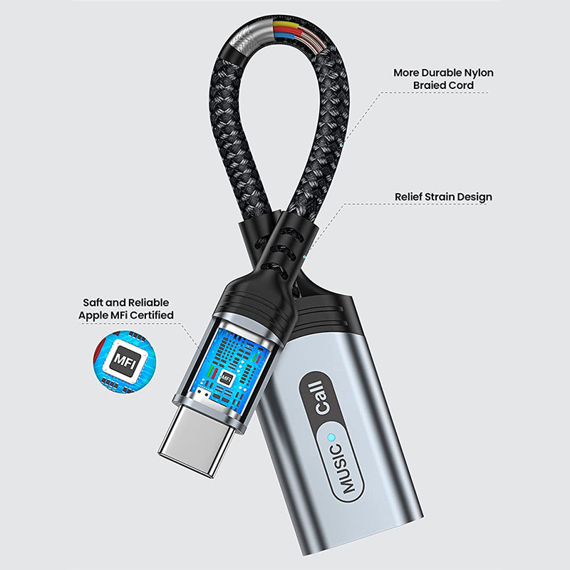 MH-306 USB C to 8 Pin Audio Adapter for iPad Pro Air 2022 / MacBook Air Type C to iOS Headphone Call Converter Cable - Black
