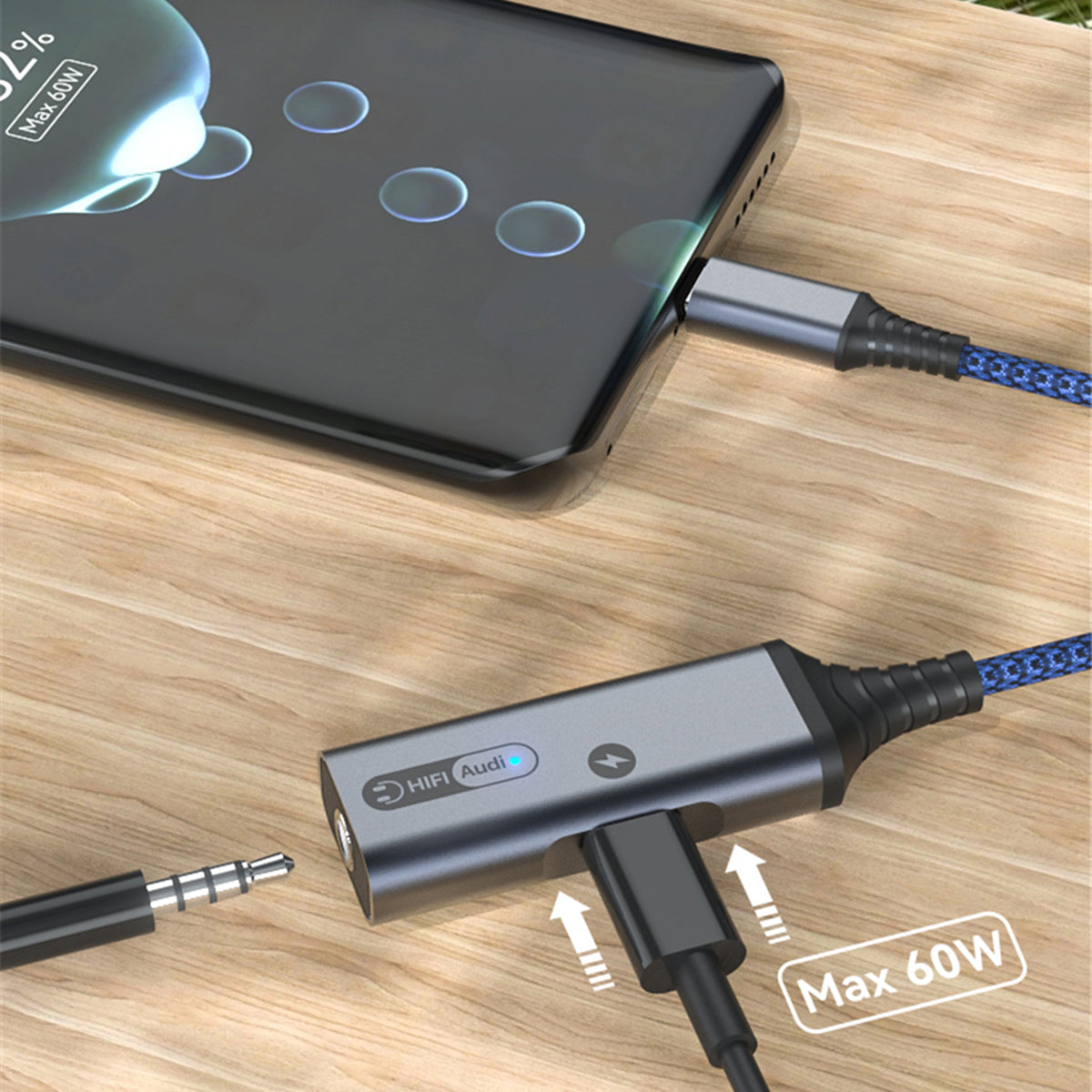 MH339A Type C to 3.5mm Headphone Jack HiFi Audio Adapter with PD 60W USB C Charging Port - Grey