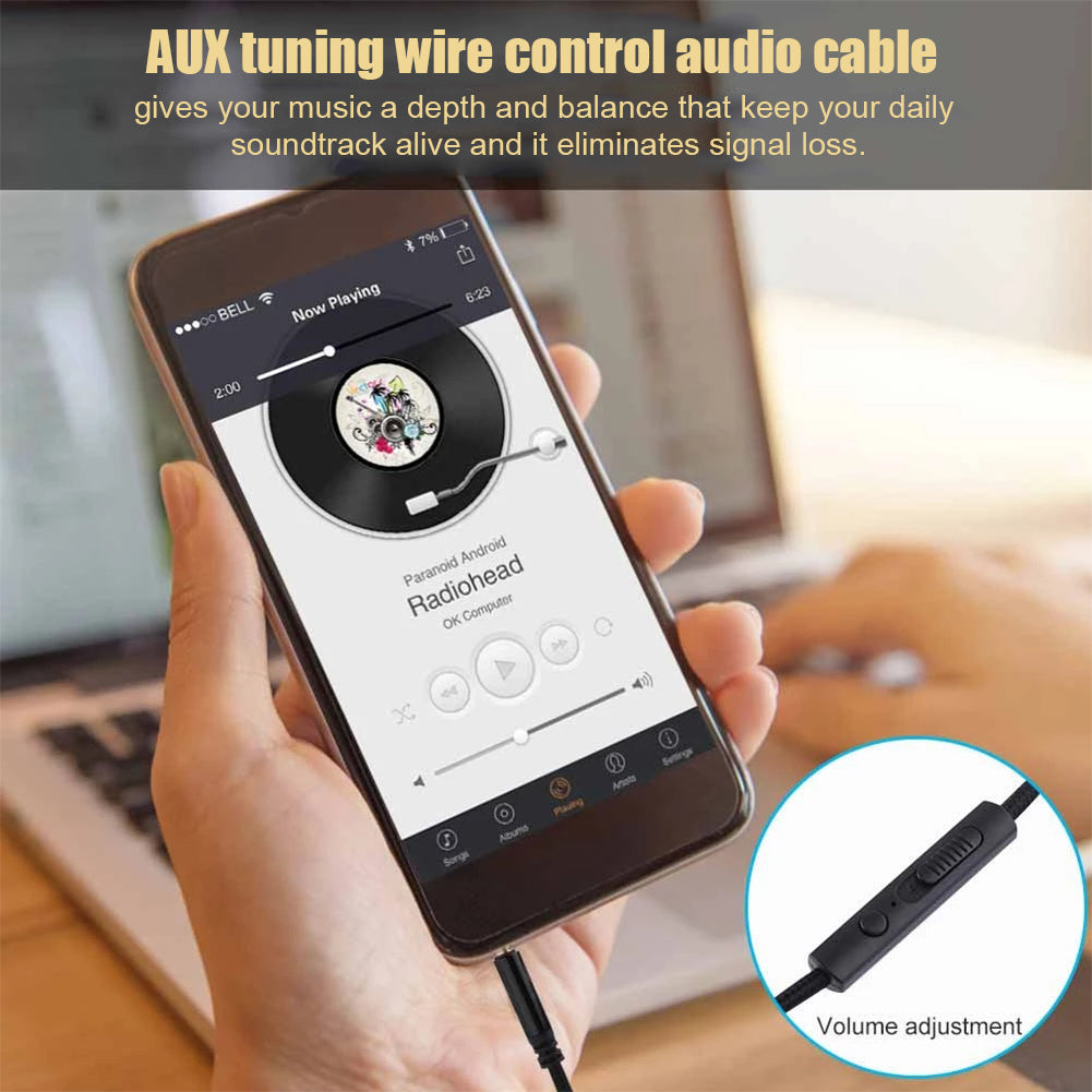 1.2m Earphone Cable Audio Extension Cable Jack 3.5mm to 3.5mm Male to Male Aux Cable Cord with Sliding Volume Control Mic - Gold