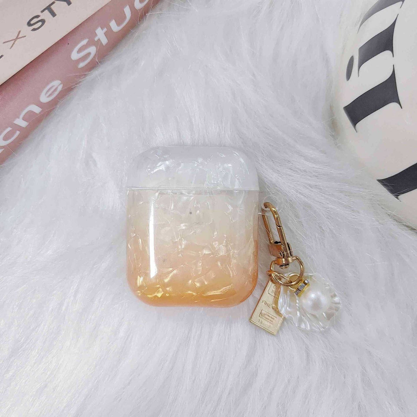 Earphone Case for Apple AirPods with Charging Case (2016) / (2019) / AirPods with Wireless Charging Case (2019) , Gradient Shell Grain TPU Cover with Pendant - Orange