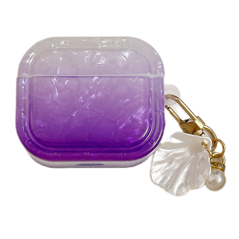 Uniqkart for Apple AirPods 3 Full Protective Cover Gradient Shell Grain Earphone Square TPU Case with Shell Shape Pendant - Purple