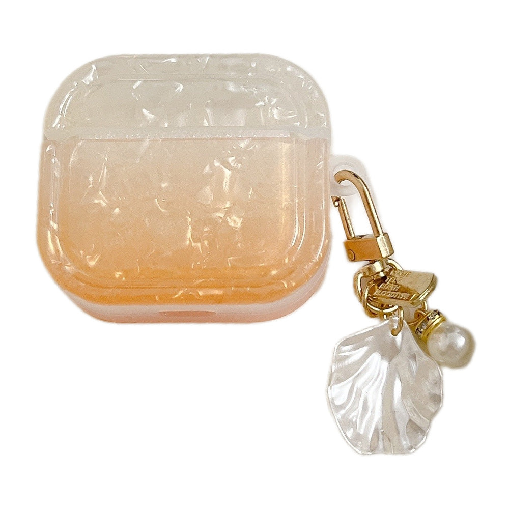 Uniqkart for Apple AirPods 3 Full Protective Cover Gradient Shell Grain Earphone Square TPU Case with Shell Shape Pendant - Orange