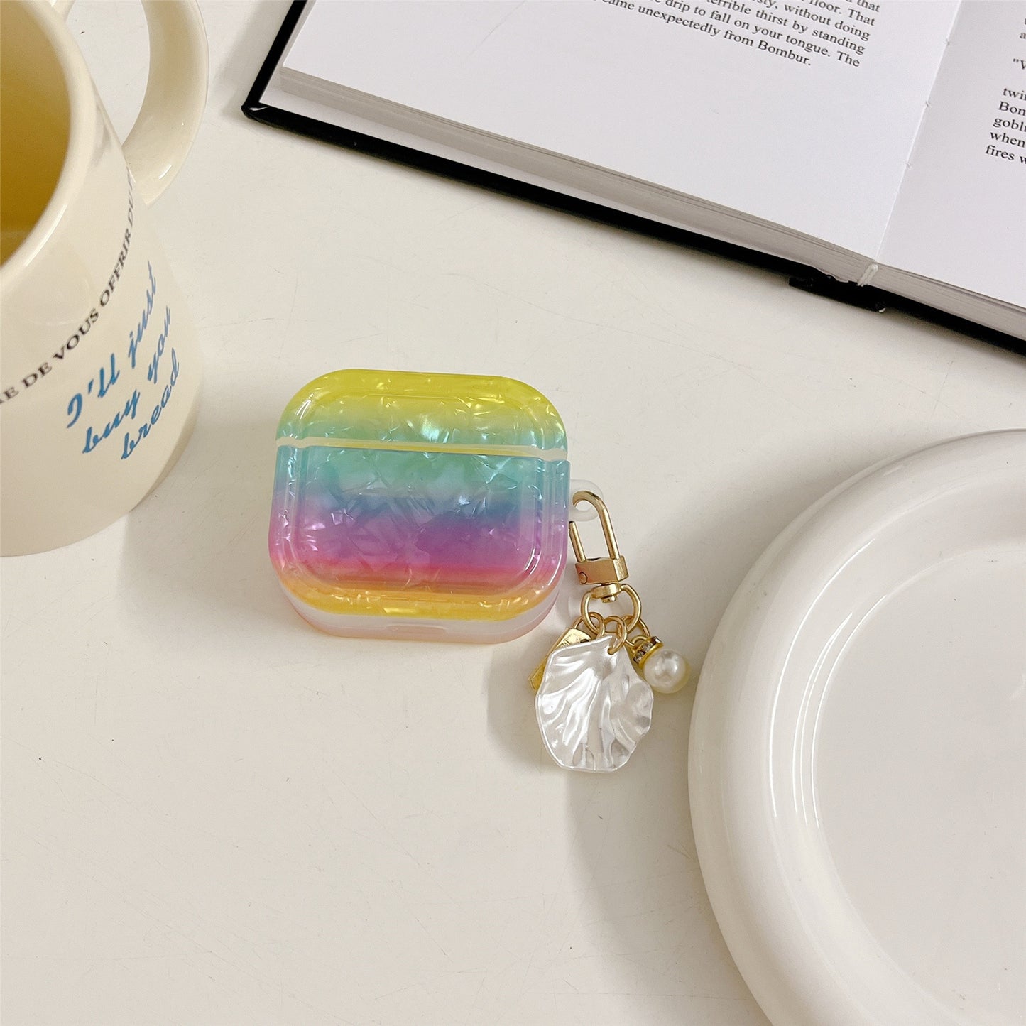 Uniqkart for Apple AirPods 3 Full Protective Cover Gradient Shell Grain Earphone Square TPU Case with Shell Shape Pendant - Colorful