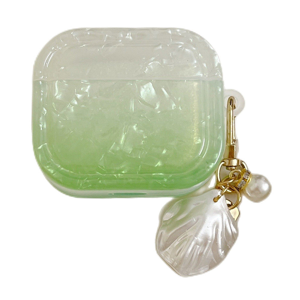 Uniqkart for AirPods Pro 2 Gradient Shell Grain Earphone Case Soft TPU Anti-Fall Square Cover with Shell Shape Pendant - Green