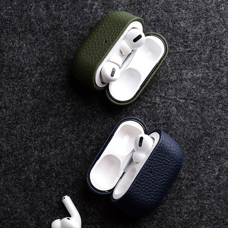 Uniqkart For Apple AirPods Pro 2 Earbuds Case Genuine Cow Leather Coated PC Protective Sleeve Cover - Grey