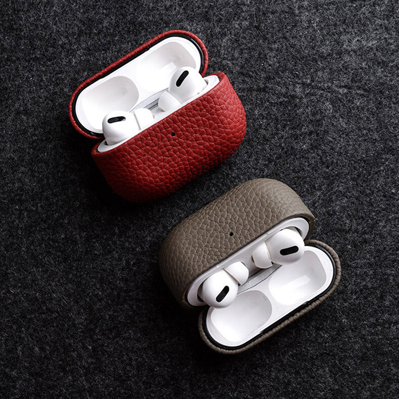 Uniqkart For Apple AirPods Pro 2 Earbuds Case Genuine Cow Leather Coated PC Protective Sleeve Cover - Grey