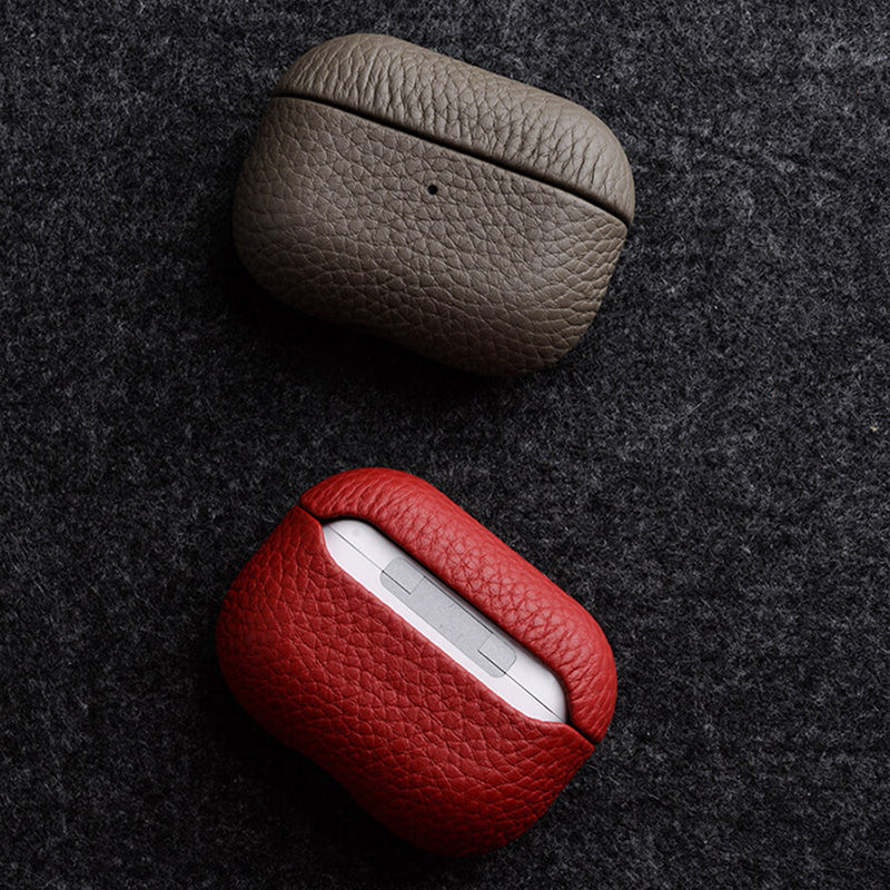 Uniqkart For Apple AirPods Pro 2 Earbuds Case Genuine Cow Leather Coated PC Protective Sleeve Cover - Grey