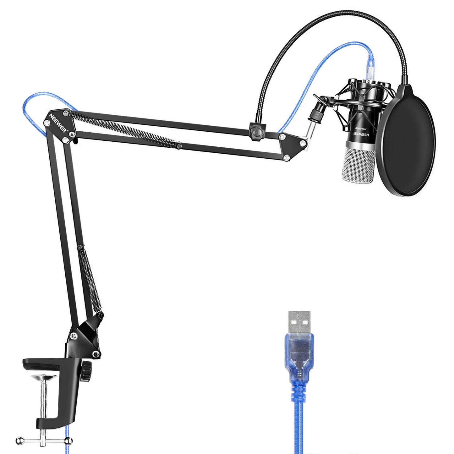 NEEWER NW-7000 Professional Broadcasting Studio Microphone USB Mic with Bracket + Shock Mount + Pop Filter