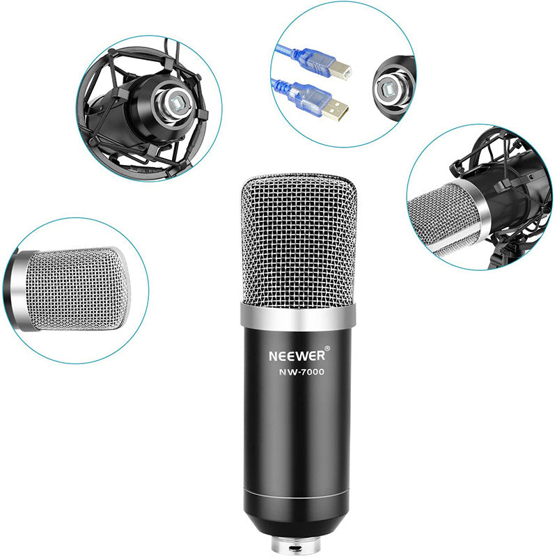 NEEWER NW-7000 Professional Broadcasting Studio Microphone USB Mic with Bracket + Shock Mount + Pop Filter
