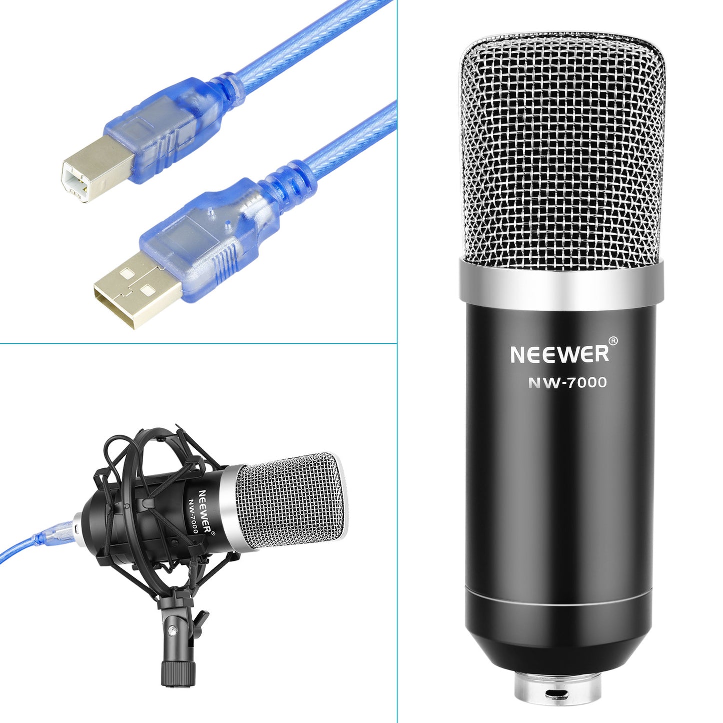NEEWER NW-7000 Professional Broadcasting Studio Microphone USB Mic with Bracket + Shock Mount + Pop Filter