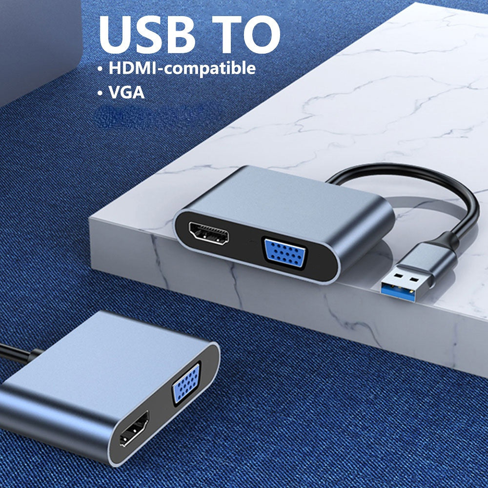 USB to VGA HD 2-in-1 Portable USB Hub Laptop Docking Station HD Video Adapter Cable 1080P