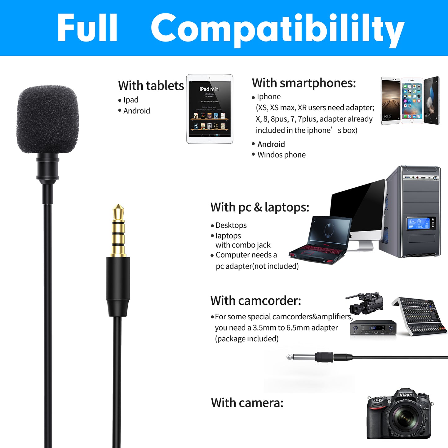 MAMEN KM-D2 Lavalier Condenser Microphone Cilp-on Lapel Mic 6+2m Omnidirectional for Phone Camcorder Vlog Video