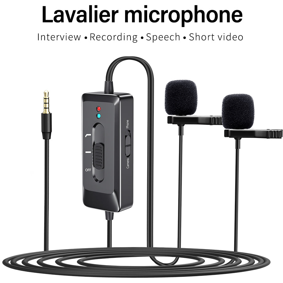 MAMEN KM-D2 Pro Dual Head Clip Lapel Microphone Lavalier Condenser Recording Microphone for Phone DSLR Camera