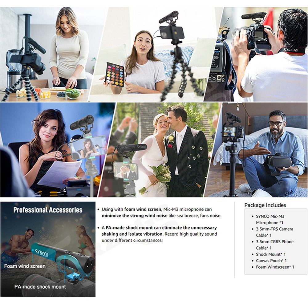 SYNCO Mic-M3 Video Shotgun Live Streaming Cardioid Microphone with Shock Mount for DSLRs/Camcorders/Smartphones/Tablets/Laptops