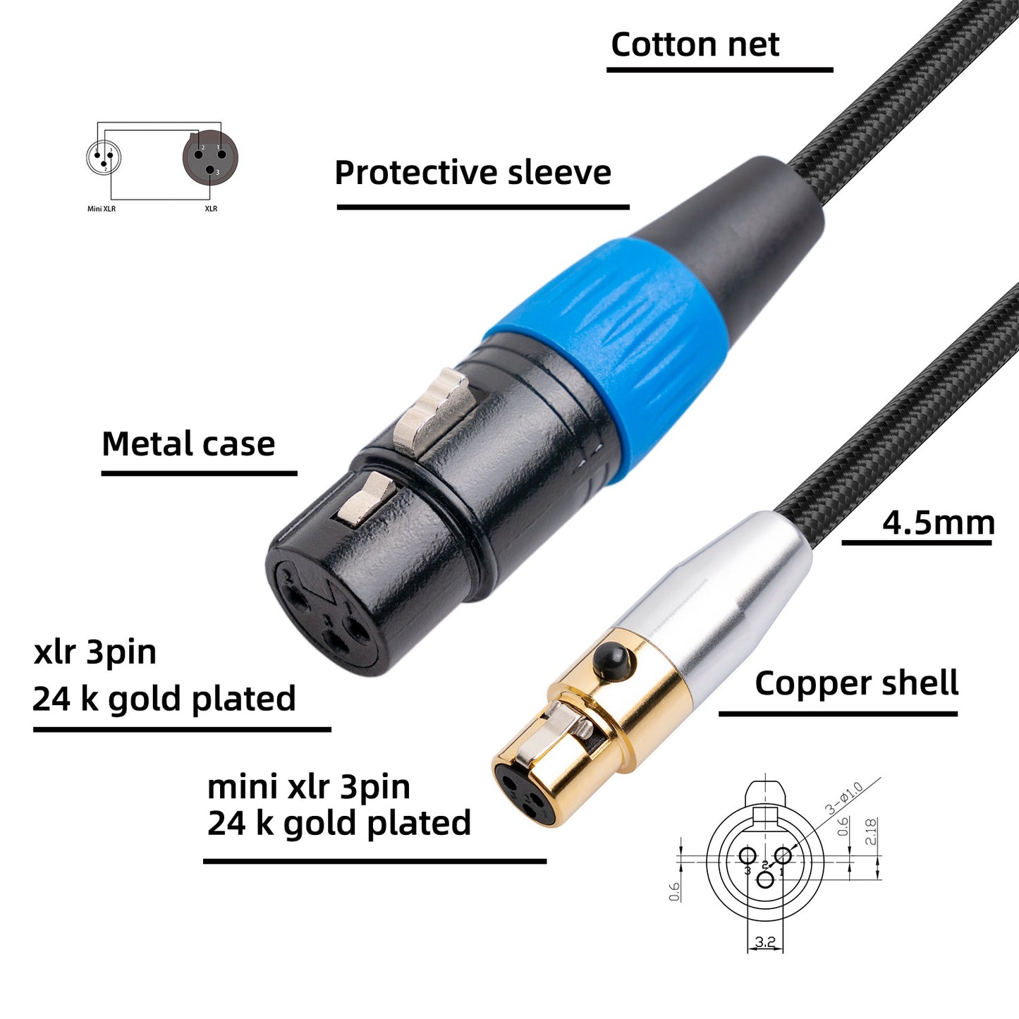 SA119GXK107BU 3m Mini XLR Female to XLR Female Cable Braided Conversion Cord for Mixer Microphone Voice Recorder