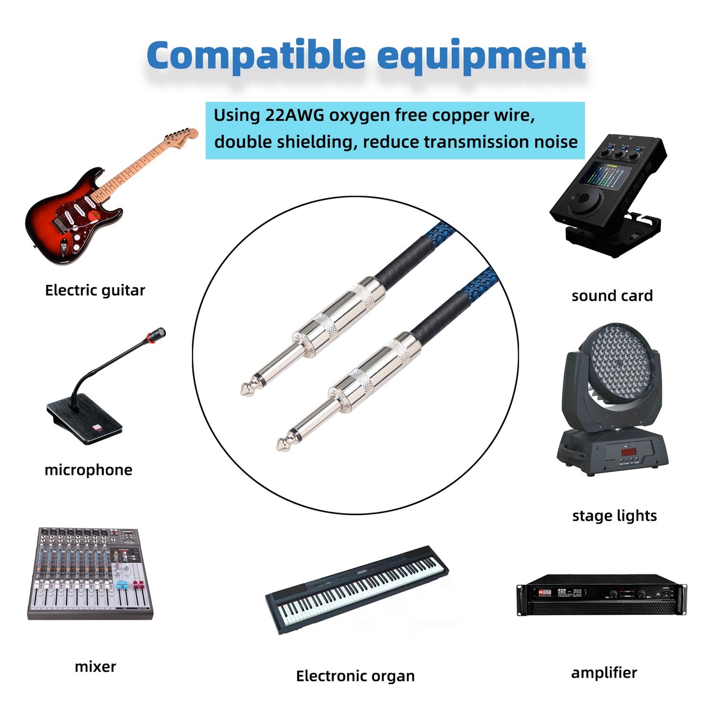 TC048BL 5m 6.35mm Male to Male Audio Cable for Speaker Electric Guitar Sound Card Microphone