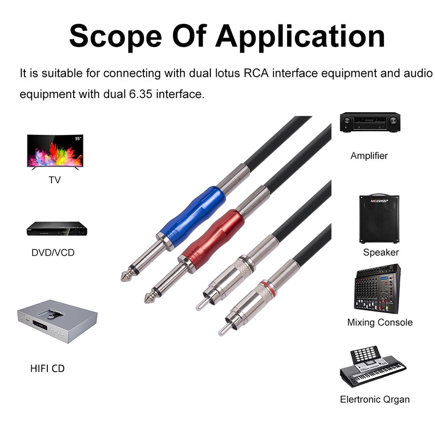 1m 2 RCA to Dual 1 / 4inch Mono 6.35mm Male Jack Audio Cable Mixer Console Amplifier Speaker Home Theater System Shielded Cord