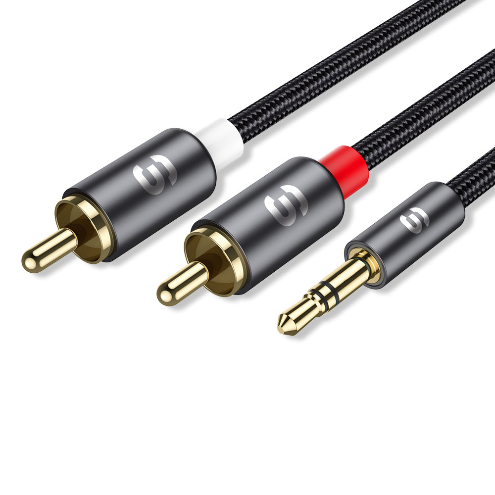 Essager 1m RCA Audio Cable 3.5mm Jack to 2RCA Male Splitter Aux Cable for TV PC Amplifiers DVD Speaker - Grey