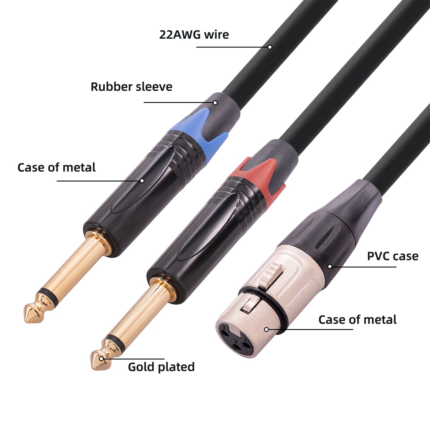 6.35mm Audio Cable XLR Female 3-Pin to Dual Male 1 / 4 Inch TS AUX Adapter Splitter Cord Converter Wire, 2m