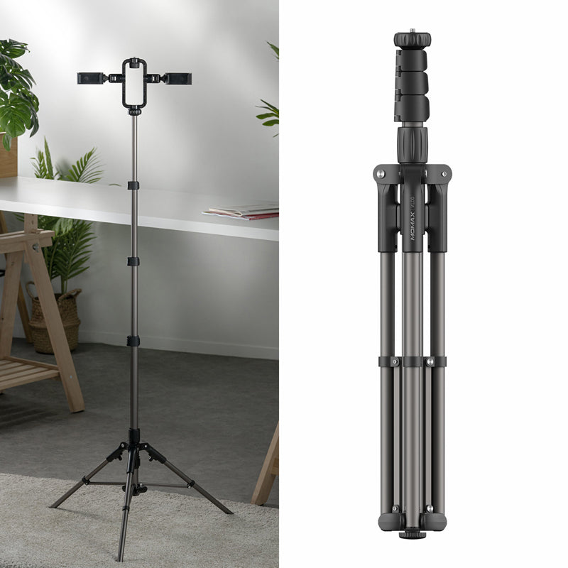 MOMAX Adjustable Tripod Stand with 360 Degree Rotatable Dual Phone Holder for Live Broadcast