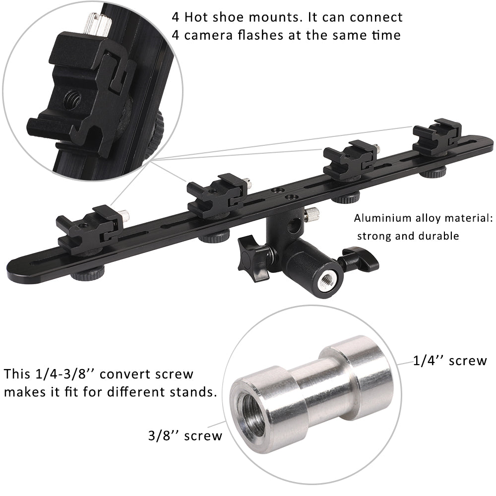 Camera Flash Bracket Umbrella Holder Light Stand with 4 Hot Shoe Mounts for Flash Speedlight