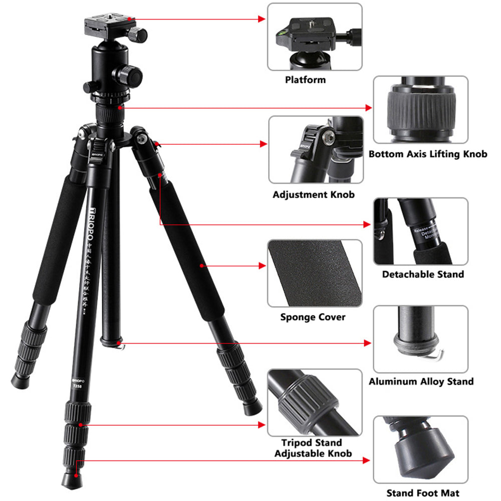 Uniqkart M2508+D-2A Portable Travel Adjustable Aluminium Camera Tripod Accessories Stand with Pan Tilt Head