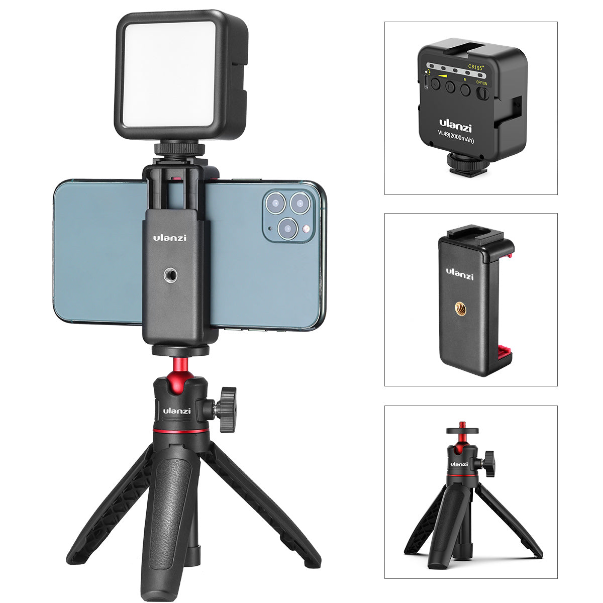Uniqkart Combo 7 VL49 LED Video Light with ST-07 Phone Holder and MT-08 Mini Tripod