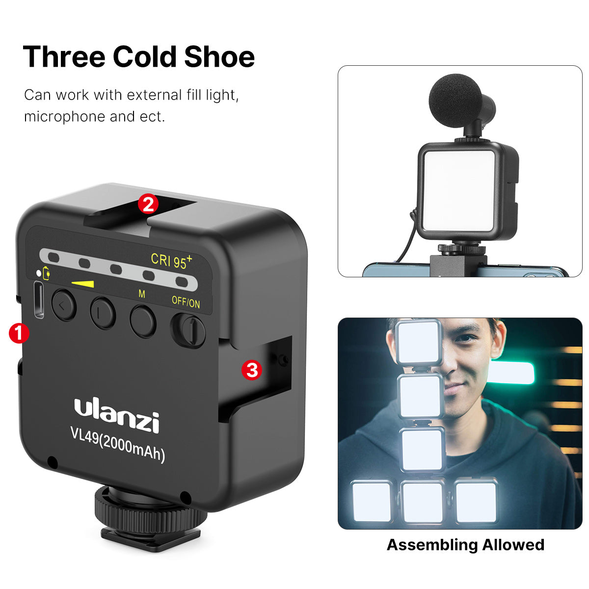 Uniqkart Combo 7 VL49 LED Video Light with ST-07 Phone Holder and MT-08 Mini Tripod