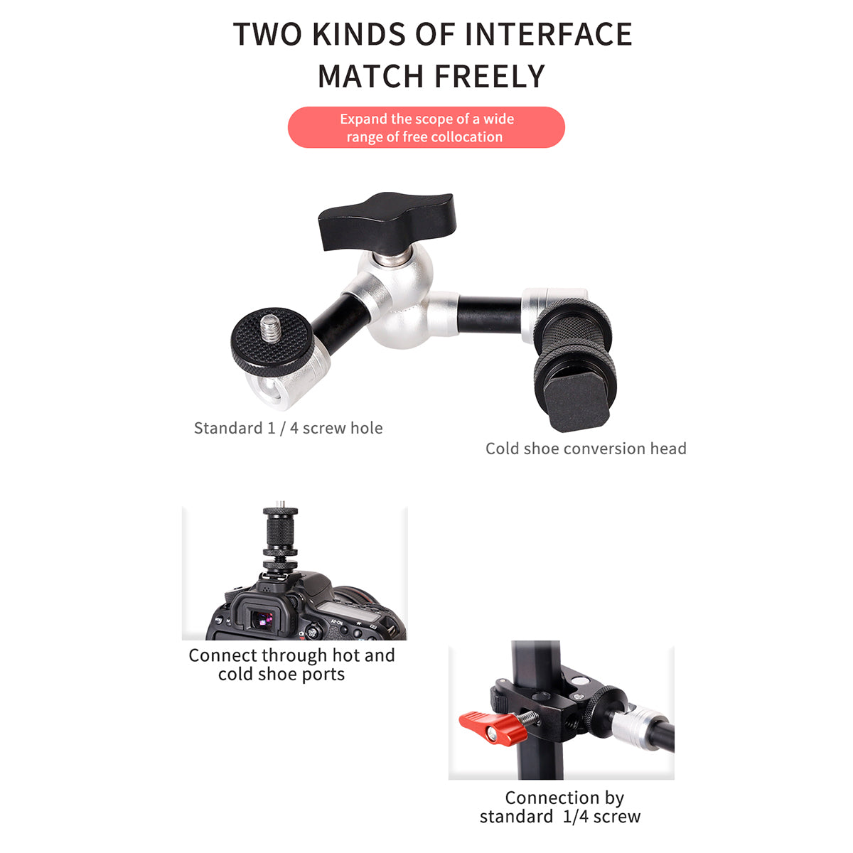 7 inch Rotatable Camera Mount LCD Monitor Foldable Flexible Arm with 1/4" Screw for SLR Camera/Fill Light