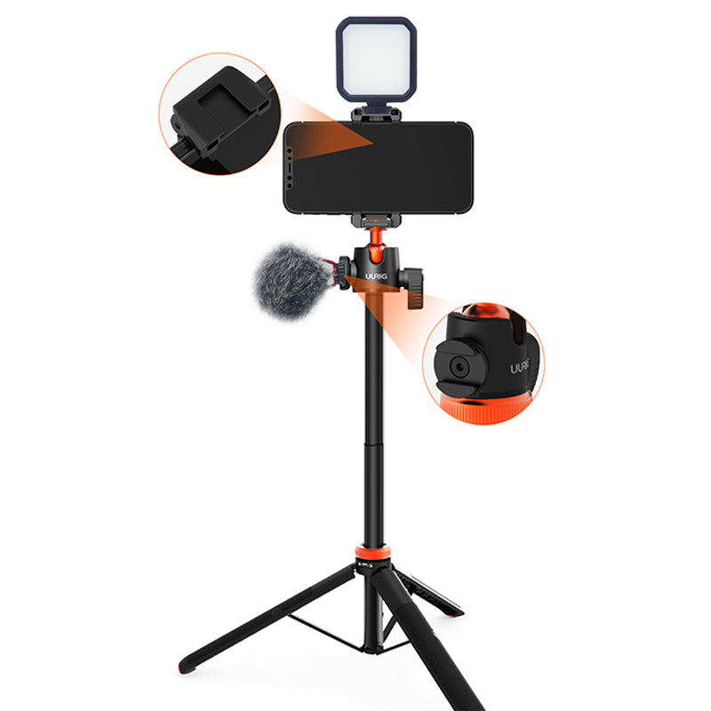 UURIG 1.3m Extendable Multifunctional Portable Tripod Stand Cell Phone Stand with Cold Shoe for Selfies/Video Recording/Vlogging/Live Streaming