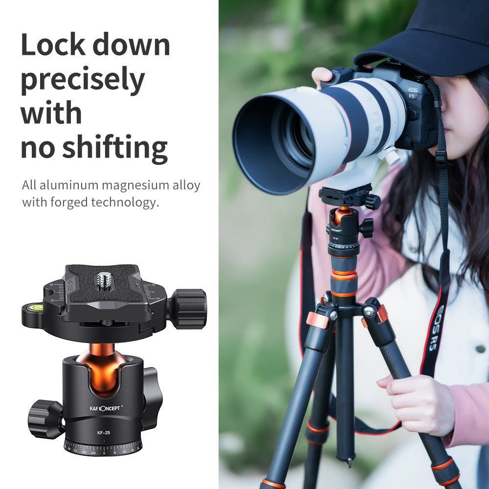K&F CONCEPT KF31.029V3 25mm Camera Tripod Ball Head with 1 / 4-inch Quick Release Plate and Spirit Level for Tripod Monopod