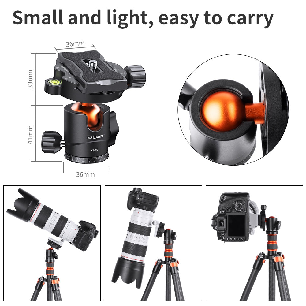 K&F CONCEPT KF31.029V3 25mm Camera Tripod Ball Head with 1 / 4-inch Quick Release Plate and Spirit Level for Tripod Monopod