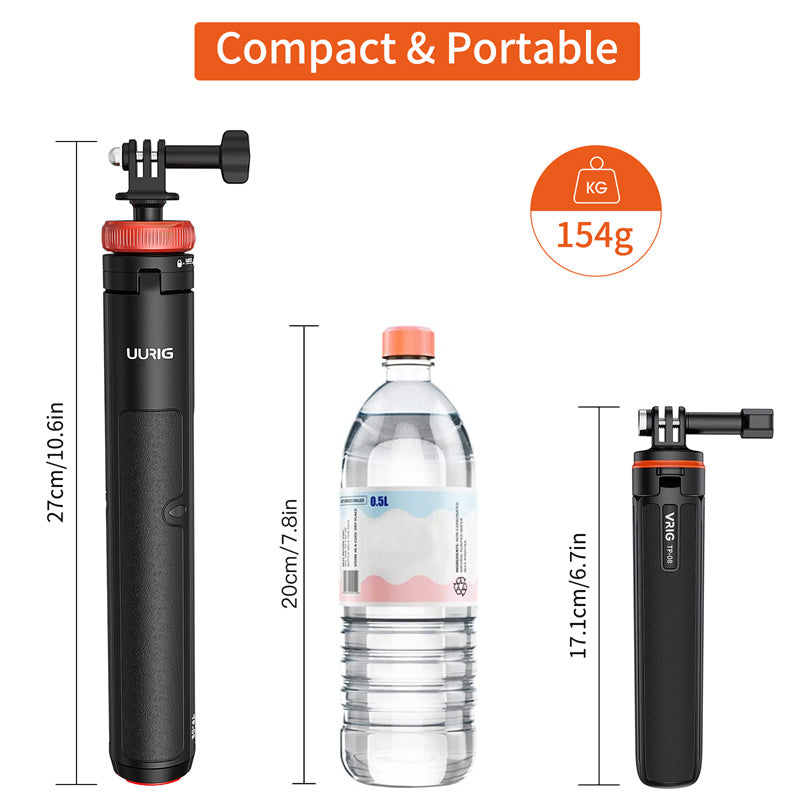 VRIG TP-08 Extended Tripod Stand Compatible with GoPro Hero 11 / 10 / 9 Adjustable Action Camera Holder with Lanyard Interface