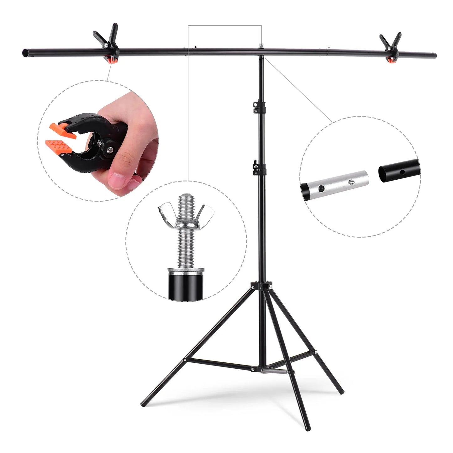 WH 2 x 2m T-Shape Backdrop Stand for Photo Studio Background Stand Height-Adjustable Tripod Stand Kit with 2 Clip