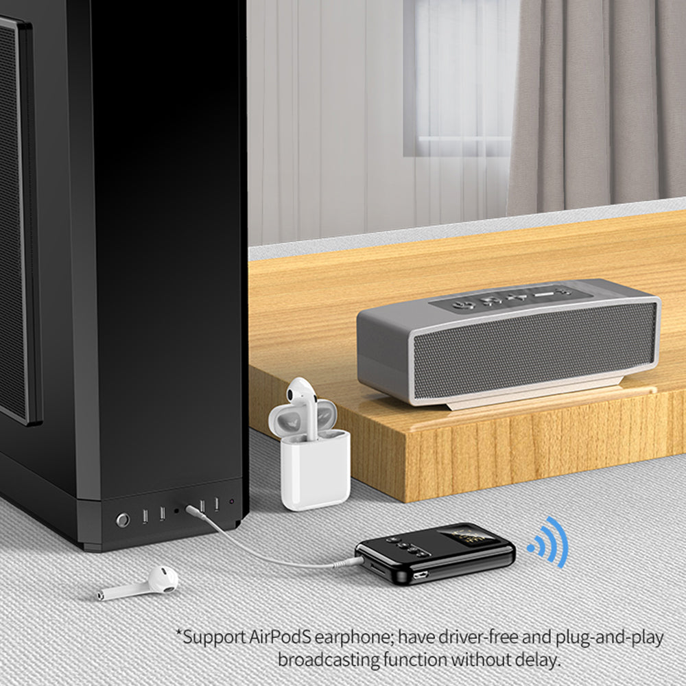 K6 2-in-1 Bluetooth 5.0 Receiver Transmitter RCA 3.5mm AUX Audio FM Adapter for Car TV Speaker - Black