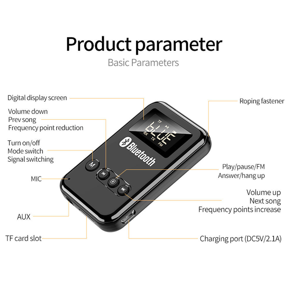 K6 2-in-1 Bluetooth 5.0 Receiver Transmitter RCA 3.5mm AUX Audio FM Adapter for Car TV Speaker - Black