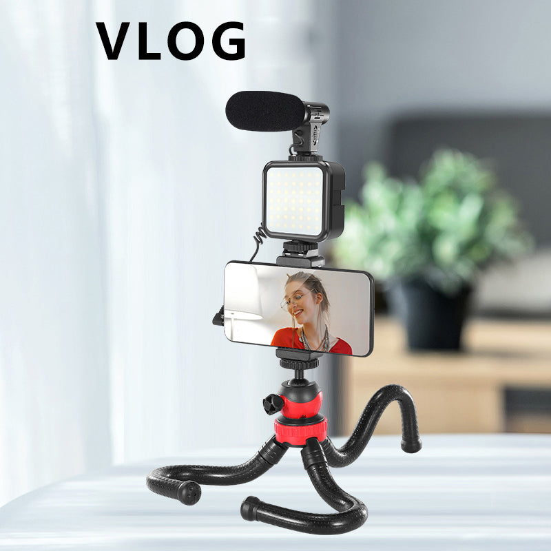 KIT-04LM Phone Video Shooting Kit Octopus Tripod with Microphone Phone Holder Fill Light Vlogging Kit