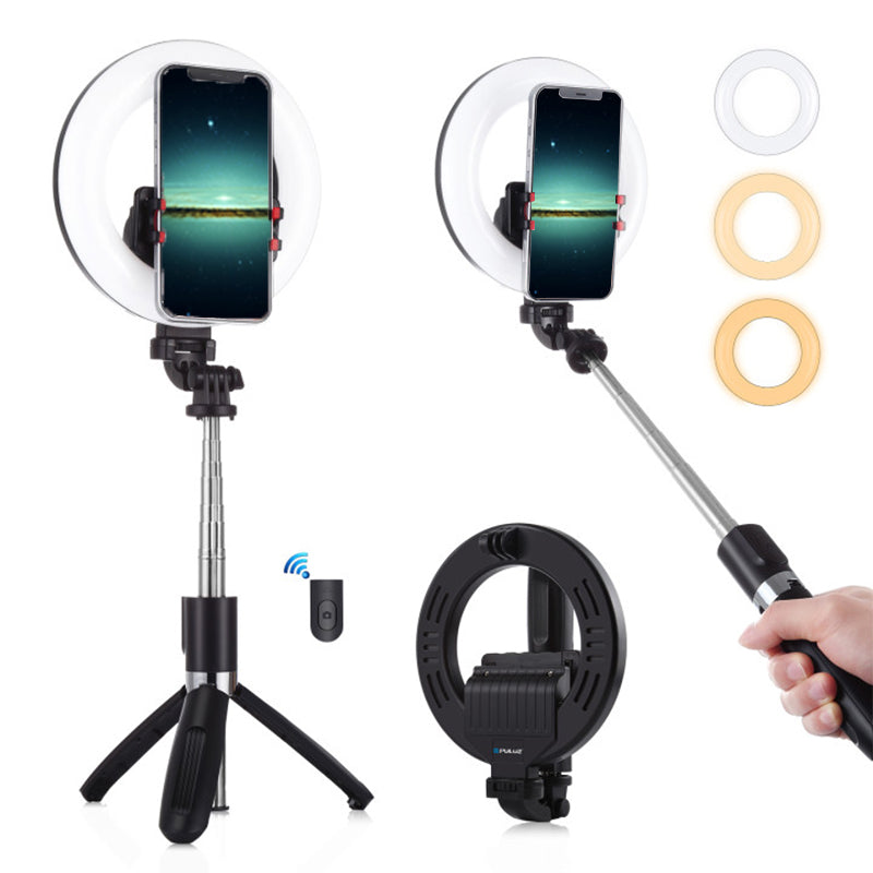 Puluz6.2 inch 16cm Ring LED Live Broadcast Vlogging Selfie Light + Bluetooth Selfie Stick Tripod Mount