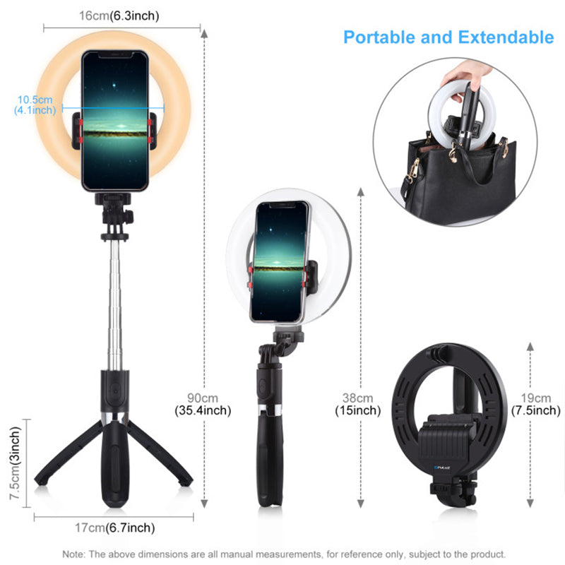 Puluz6.2 inch 16cm Ring LED Live Broadcast Vlogging Selfie Light + Bluetooth Selfie Stick Tripod Mount