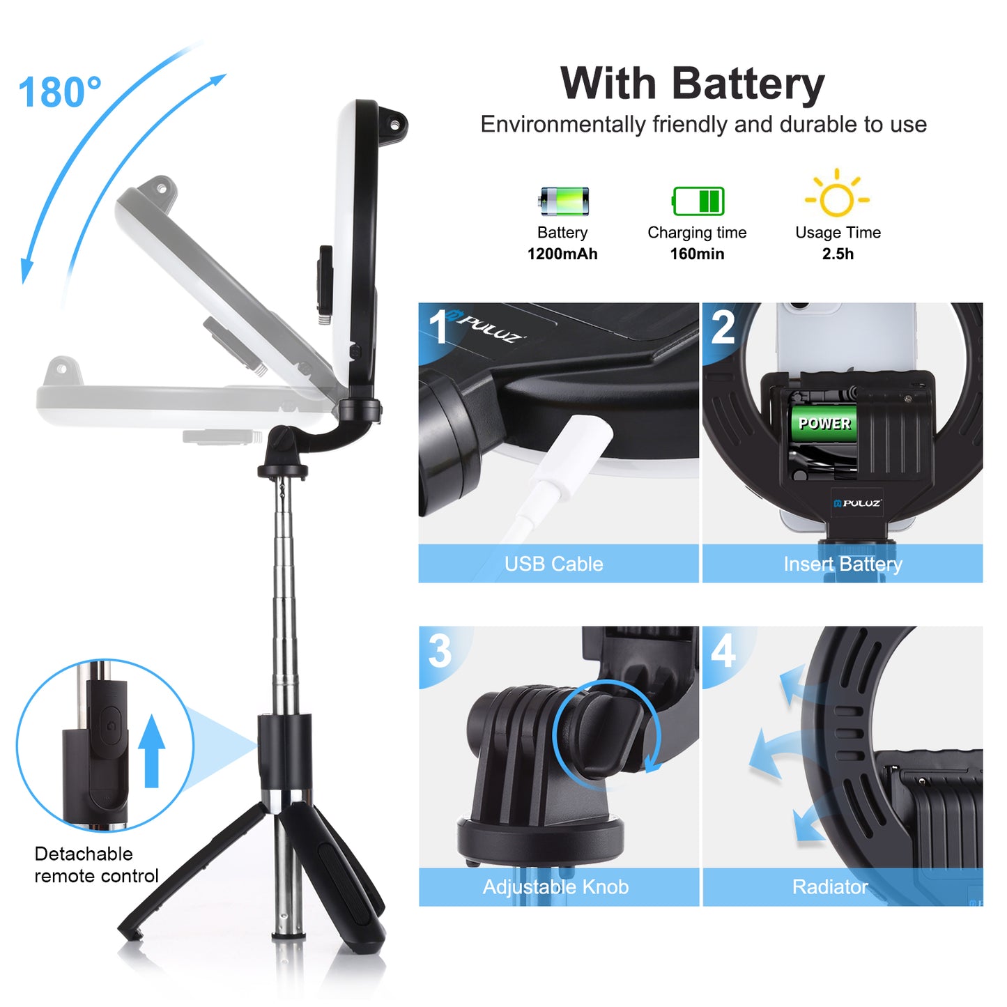 Puluz6.2 inch 16cm Ring LED Live Broadcast Vlogging Selfie Light + Bluetooth Selfie Stick Tripod Mount