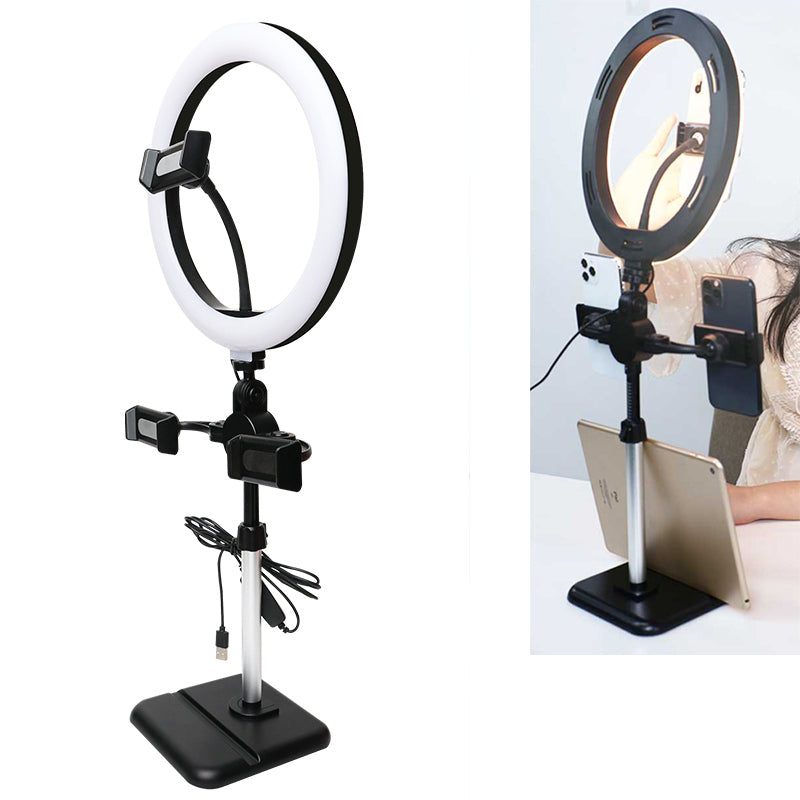 K07 Height Adjustable Desktop Ring Light with 3 Phone Holders for Selfie Video Photography Makeup