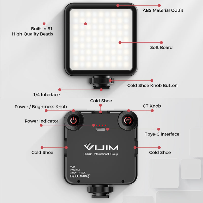 VIJIM VL81 Three-cold Hot Shoe LED Video Fill Light 6.5W Dual Color Temperature Mini Video Lamp Photography Lighting