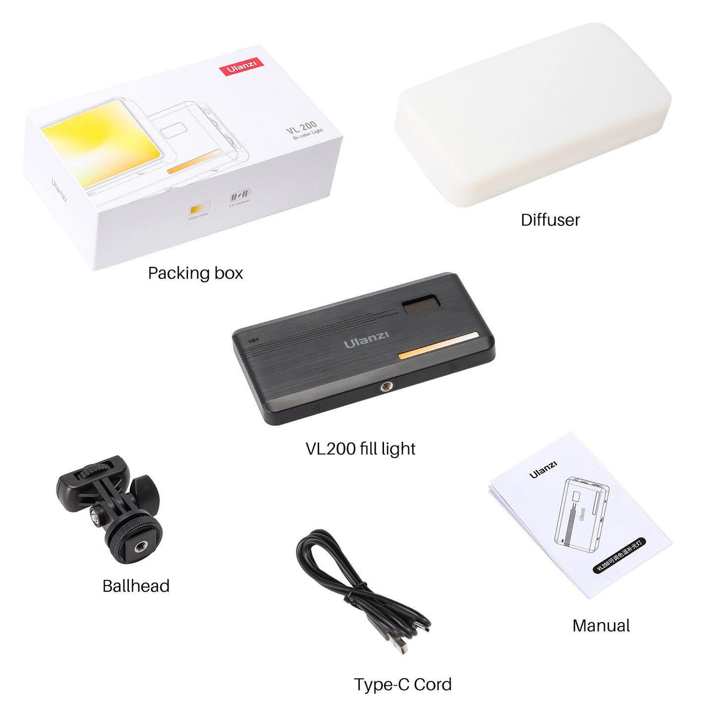 Uniqkart VIJIM VL200 Bi-Color LED Video Light Dimmable 2500K-9000K Camera Fill Light Panel Photography Lighting