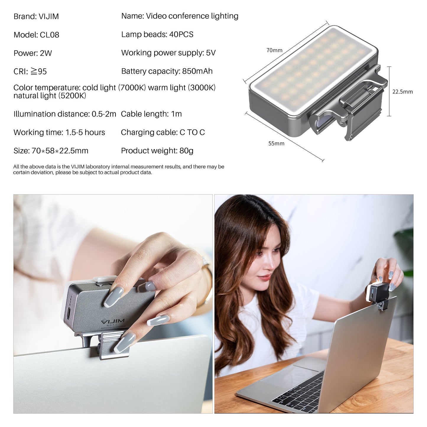 VIJIM CL08 Clip-on LED Video Light Computer Video Conference Lighting 3 Modes 3000K-7000K for PC Laptop Live Streaming